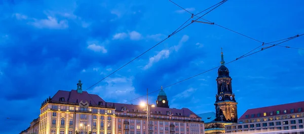 Solnedgång Över Stora Stadskärnor Och Byggnader Från Altmarkt Square Dresden — Stockfoto