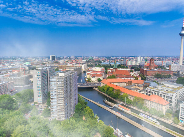 Aerial view of Berlin cityscape from drone in summer season with city landmarks and blue sky