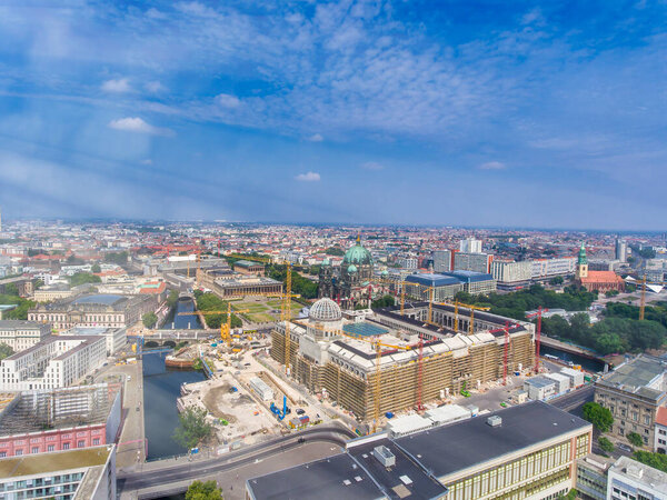 Aerial view of Berlin cityscape from drone in summer season with city landmarks and blue sky