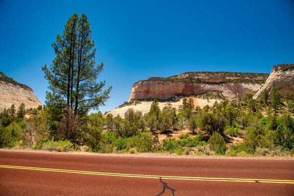 Schöne Berge Und Straßen Des Zion Nationalparks Unter Blauem Sommerhimmel — Stockfoto