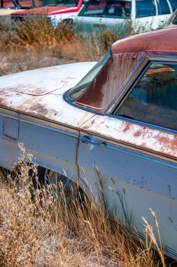 Mavi gökyüzünün altında paslı eski arabalar. Eski model araçlar.