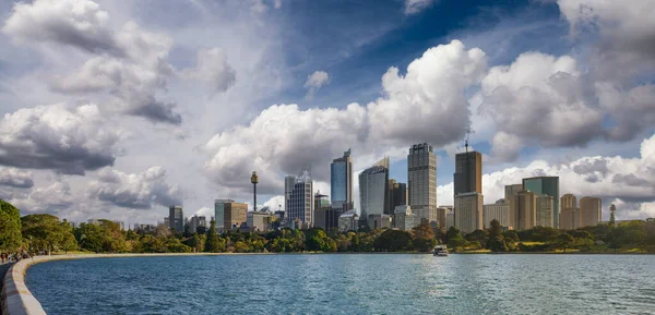 Sydney Harbour Downtown Skyline Panoramik Görüntüsü Gün Batımında New South — Stok fotoğraf