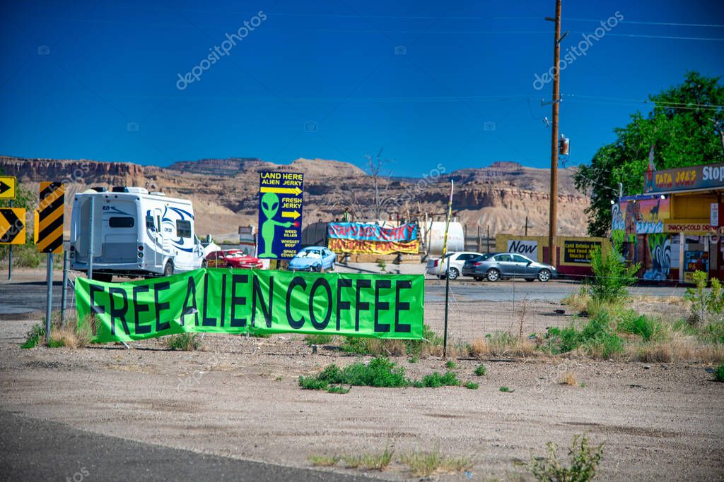 GREEN RIVER, UT - JUNE 23, 2018: Weird food shop with Alien Coffee