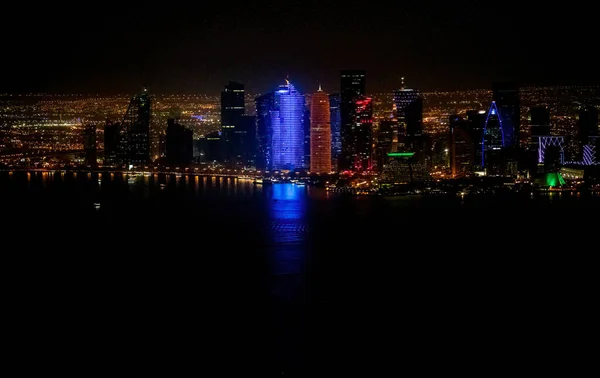 Night Aerial View Doha Skyline Ariplane Qatar — Stock Photo, Image