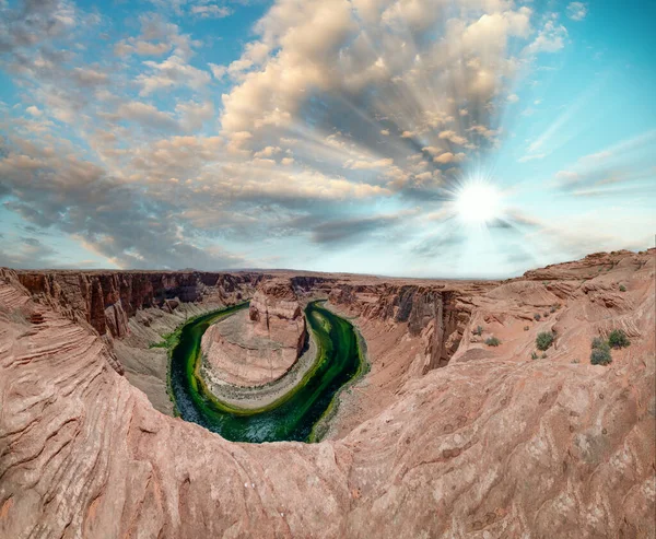 Panoramic Aerial View Horseshoe Bend Colorado River Summer Sunset — Stock Photo, Image