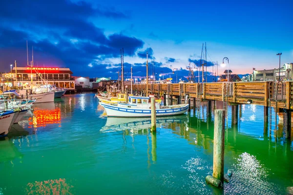 San Francisco California August 2017 Boats Fishermans Wharf Night — Stock Photo, Image