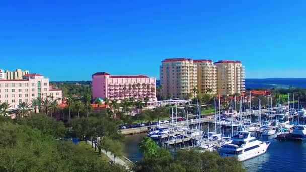 Petrohrad, Florida. Letecký pohled na městské budovy a parky z dronu za slunečného zimního dne — Stock video