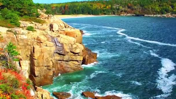 Acadia Ulusal Parkı, Maine. Sonbaharda insansız hava aracından okyanus, kayalar ve yeşillik manzarası — Stok video