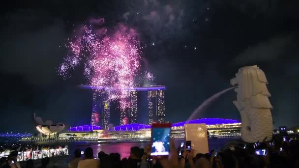 Singapura - 1 de janeiro de 2020: Esboço incrível de Marina Bay com fogos de artifício de Ano Novo — Vídeo de Stock