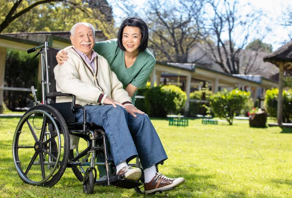 Caucasian Senior Wheelchair Smiling Nurse Outdoor Retired Elderly People Living — Stock Photo, Image