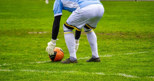 Blurred view of professional football or soccer goalkeeper in action on stadium positioning ball
