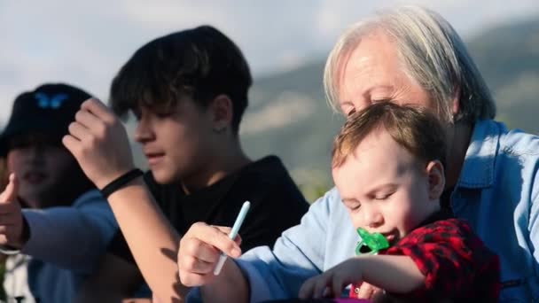 Nagyszülők és unokák pihentető szabadban együtt játszanak társasjátékok — Stock videók