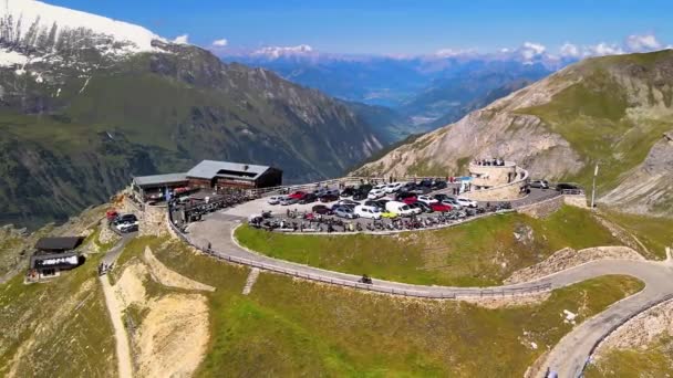 Grossglockner Mountains from drone in summer season. Aerial view of Edelweiss Spitze and surrounding peaks with fresh snow — Stock Video