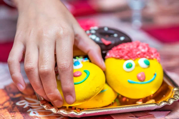 Colorful Home Made Cookies Tray Child Hand Touching Them — Stock Photo, Image