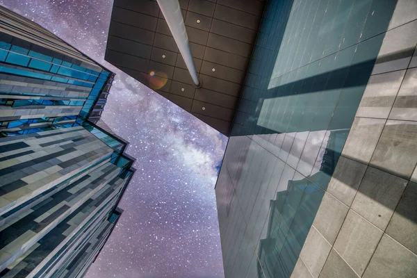 Modern City Buildings Business Center Upward Skyward View Night Stars — Stock Photo, Image