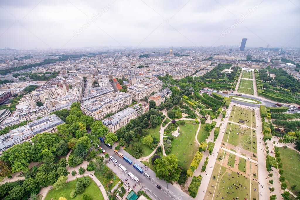 Jardin de la Tour Eiffel. Aerial overhead view of Champ de Mars and Eiffel Tower gardens in Paris