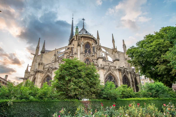ノートルダム大聖堂のファサードと美しい晴れた日にパリの庭園 — ストック写真