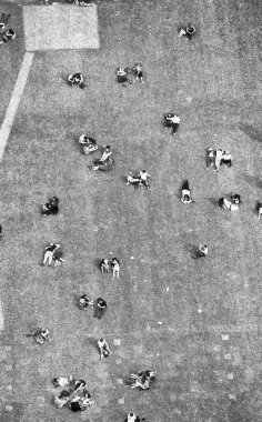 Jardin de la Tour Eiffel. Champ de Mars 'ın ve Paris' teki Eyfel Kulesi bahçelerinin yukarıdan görünüşü