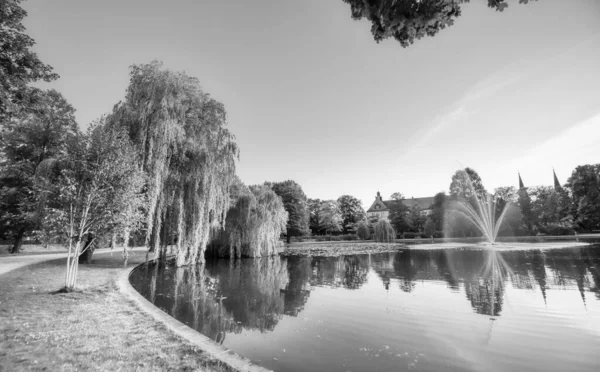 Bellissimo Parco Cittadino Tramonto Estivo Con Alberi Lago — Foto Stock