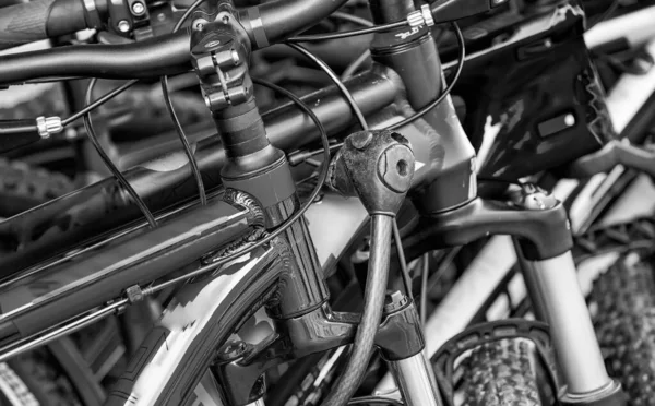 Bunte Fahrräder Oder Fahrräder Die Sommerpark Freien Abgestellt Sind Lenkernahaufnahme — Stockfoto