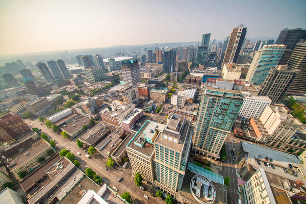 Vancouver, Canada - August 10, 2017: Aerial wide angle view of Downtown Vancouver