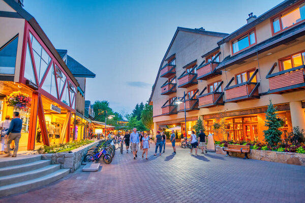 Whistler Canada August 2017 Tourists Visit Town Center Sunset Whistler Stock Photo
