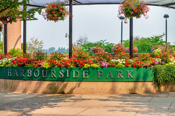 Harbourside Park Entrance Sign Sunny Day Vancouver British Columbia Canada Stock Picture