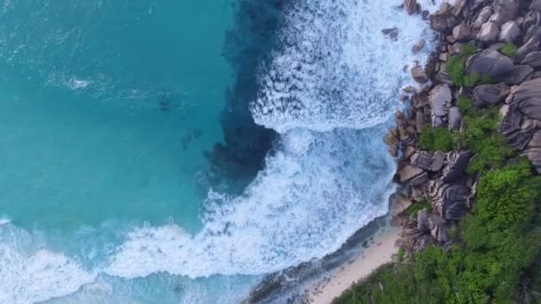 La Digue, Wyspa Seszeli. Niesamowity widok z lotu ptaka na plażę i ocean z drona — Wideo stockowe