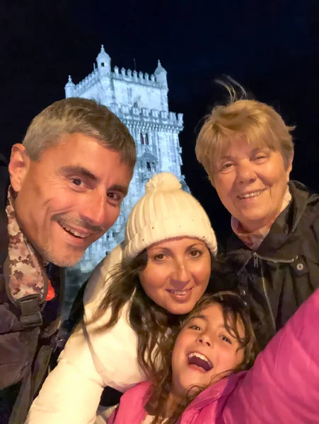 Happy Three Generations Caucasian Family Taking Selfies Outdoor Night Front — Stock Photo, Image