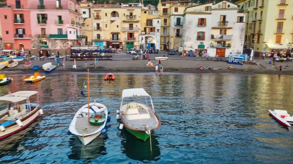 Letecký Pohled Krásnou Sorrento Beach Přístav Při Západu Slunce Amalfi — Stock fotografie