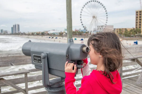 Young Girl Watching City Beach Telescope Cloudy Day — Fotografia de Stock