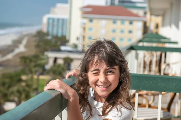 Happy Young Girl Smiling Holiday Enjoying Sea View Hotel Balcony — Stockfoto