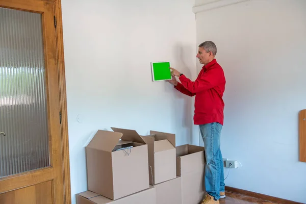 Moving New Home Cardboard Boxes Floor Smart Home Technology Concept — Φωτογραφία Αρχείου