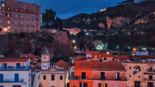 Casas Sorrento Largo Playa Por Noche Vista Aérea Costa Amalfitana — Foto de Stock