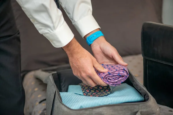 Man Packing Suitcase Business Travel Clothes Briefcase Bed — Fotografia de Stock