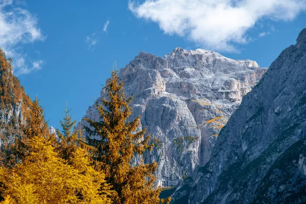 Sonbahar Mevsiminde Alp Dağları Mavi Gökyüzüne Karşı Tepeler Ağaçlar — Stok fotoğraf