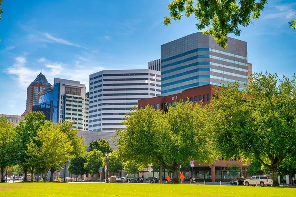 PORTLAND, OR - AUGUST 18, 2017: City Waterfront Park and buildings on a summer sunny day