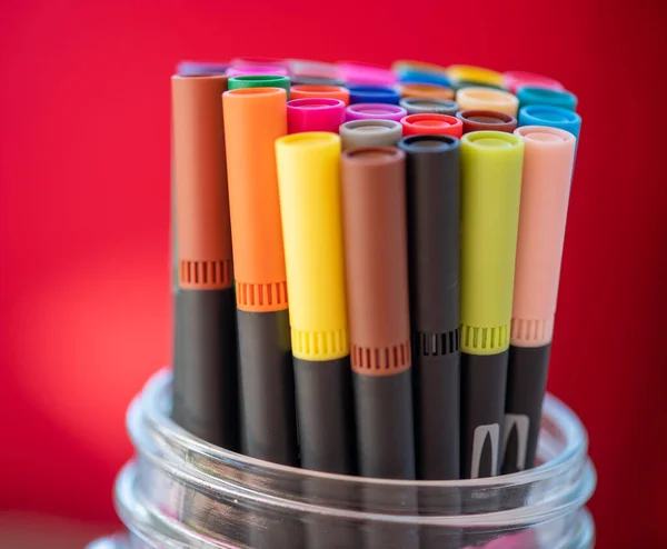 Colorful Markers Red Background — Stockfoto