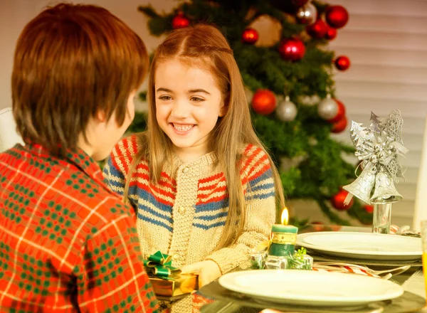 Happy Smiling Caucasian Family Home Christmas Unwrapping Christmas Gifts — Stock Photo, Image