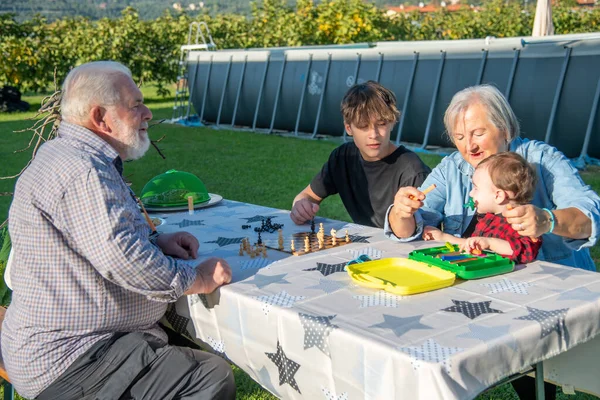 Avós Netos Brincando Juntos Livre Uma Tarde Ensolarada Jogos Mesa — Fotografia de Stock