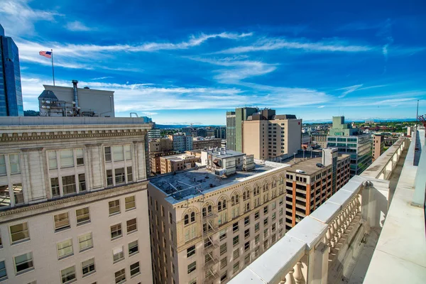 PORTLAND, OR - AUGUST 18, 2017: Modern city buildings against a blue sky