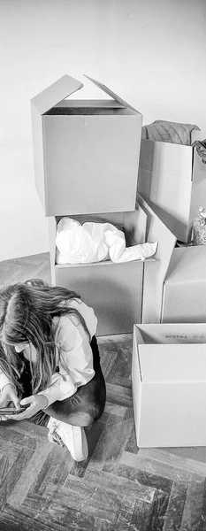 Moving New Home Concept Young Girl Seated Cardboard Boxes Parquet — Stock Photo, Image