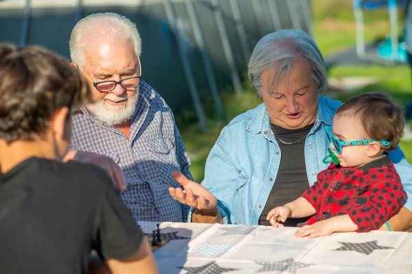 Grandparents Grandchildren Playing Board Games Outdoor Sunny Afternoon — Stock Photo, Image