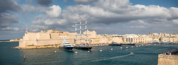 Pobřeží Tří Měst Při Západu Slunce Panoramatický Letecký Výhled Maltě — Stock fotografie