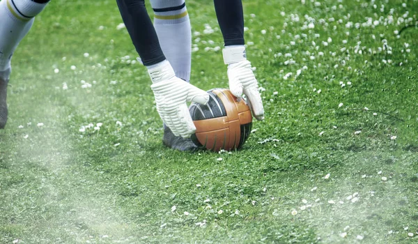 Portiere Professionista Calcio Calcio Azione Sul Pallone Posizionamento Dello Stadio — Foto Stock