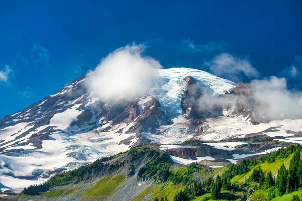 Güneşli bir günde karlı zirvesi olan Rainier Dağı, Washington, ABD