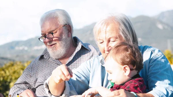Dziadkowie Wnuki Bawią Się Razem Relaksują Się Świeżym Powietrzu Piękne — Zdjęcie stockowe