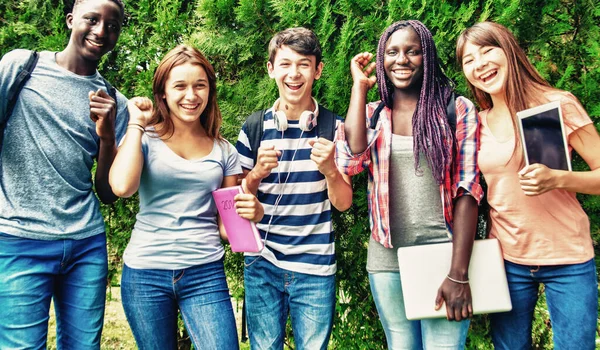 Happy Group African Asian Caucasin Teenagers Enjoying Outdoor Time Standing — Fotografia de Stock