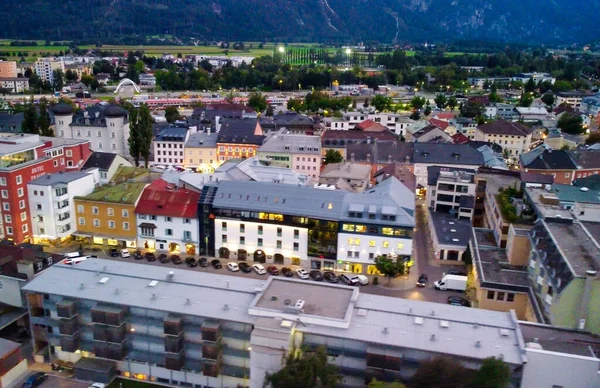 Lienz Austria September 2021 Aerial View City Skyline Night Drone — Stock Photo, Image