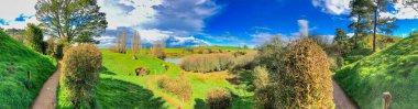 Hobbiton, Yeni Zelanda. Hobbiton Köyü 'nün panoramik hava manzarası. Hobbitlerin deliklerinde yaşadığı yer..